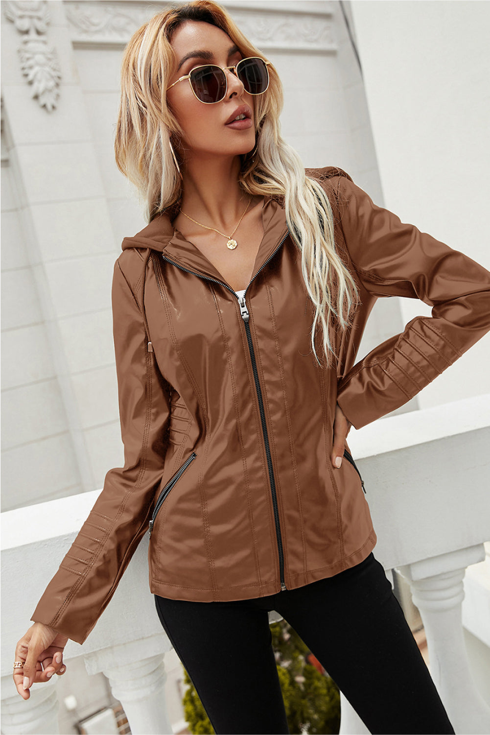 Zip Up Drawstring Hooded PU Jacket